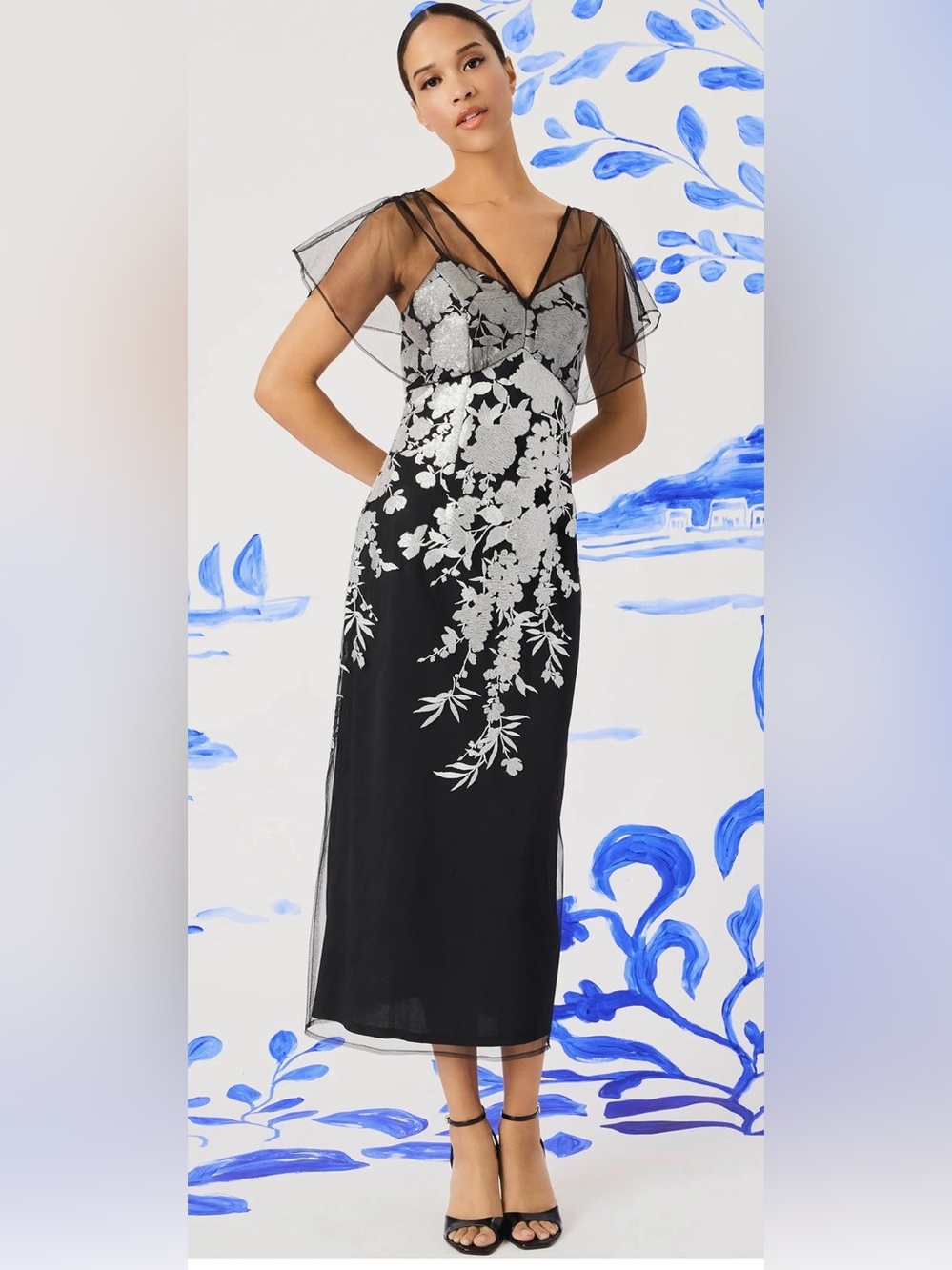 Maggy London Illusion Embroidered Black Floral Lace-Overlay Midi Dress Sz 4-8